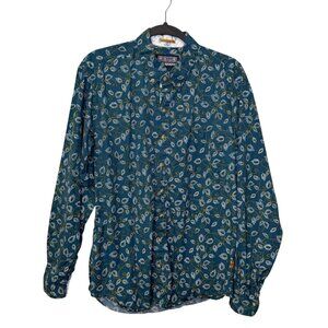 Reyn Spooner Leaf Print Button Down Shirt Blue Green Cotton Men’s Size LARGE